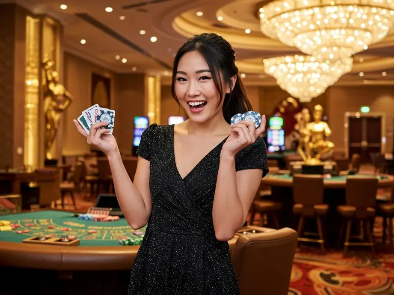 Happy woman laughing after the dealer reveals cards at PK7 casino