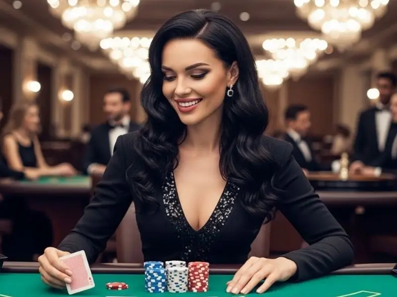 Woman smiling and holding cards at a poker table in q2527 casino.