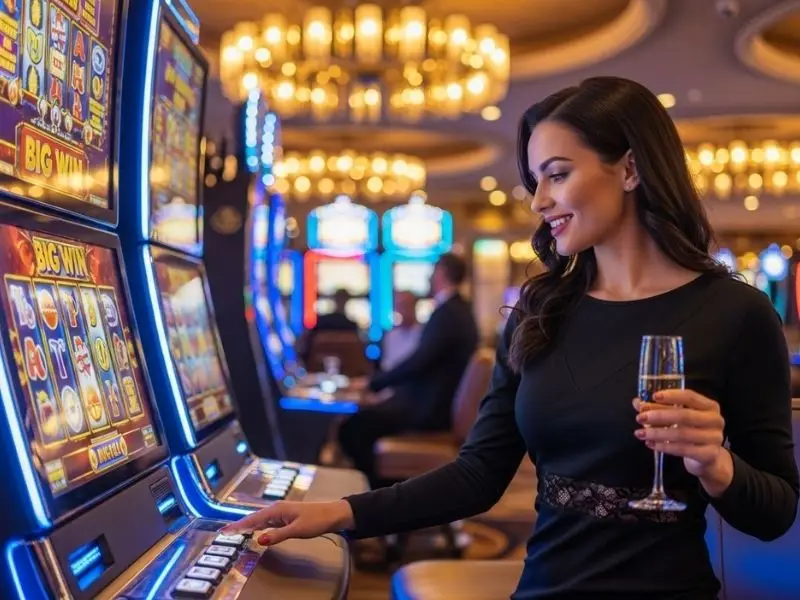 Young woman happily playing a slots machine at Red Rock Casino