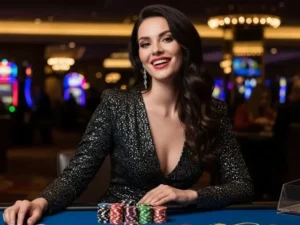 Woman playing baccarat at a luxurious casino table at SM777 Casino