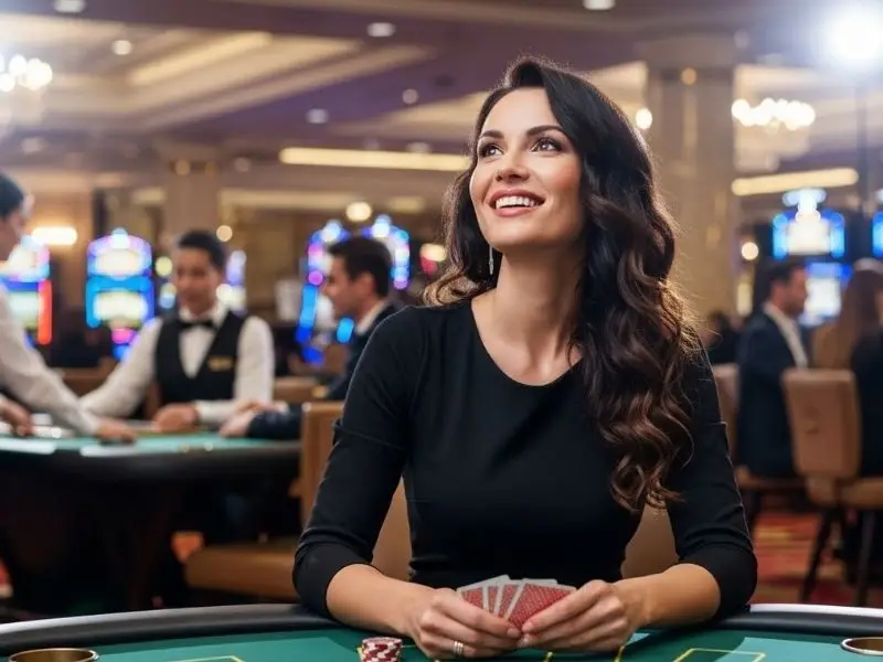 Woman smiling while holding playing cards at a table in a sm777 casino