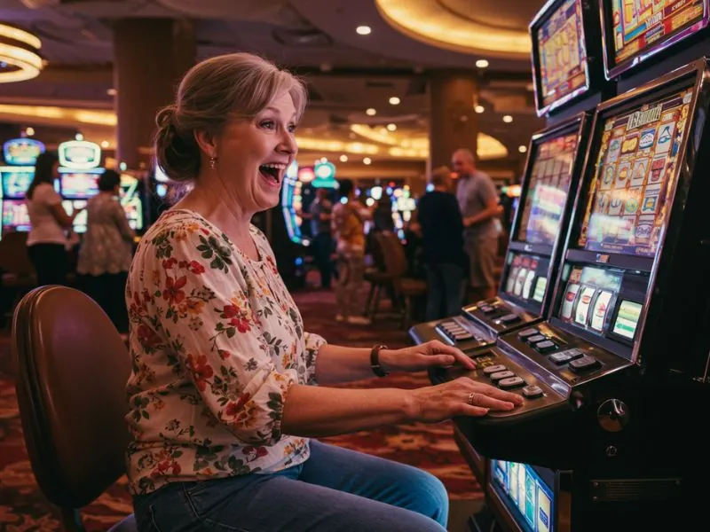 Happy woman smiling with confidence after hitting the jackpot at WinHQ.com casino login