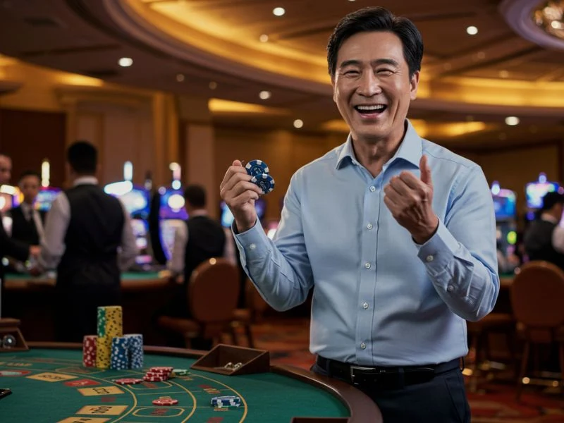Happy man holding chips high with triumphant pride at YY777 casino login Philippines