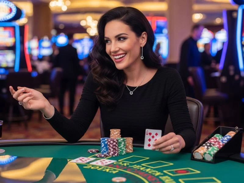 500jl casino woman confidently going all in at a poker table during an intense online casino game