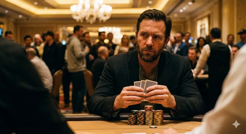 Focused poker player studying cards carefully while playing at Midori Online Casino.