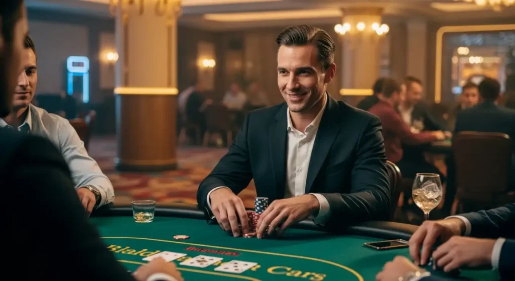 Happy and excited poker player smiling while playing at PhKilig Online Casino poker table.