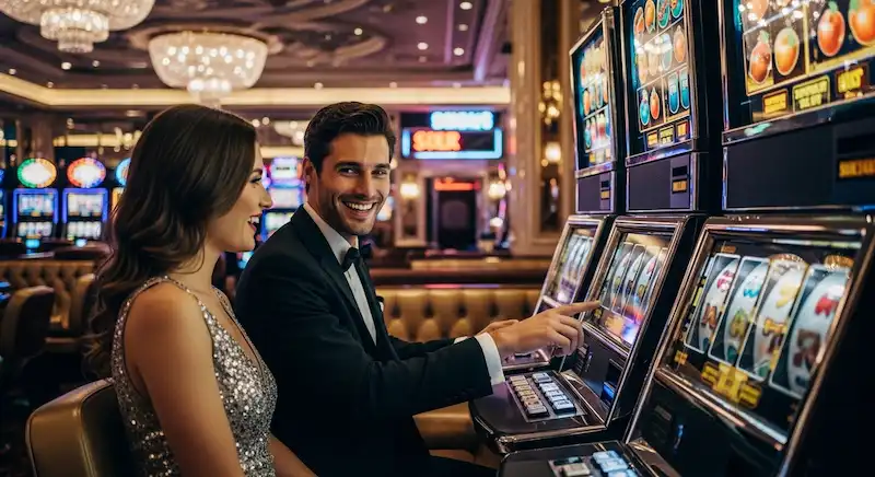 Thrilled player enjoying slot machine reels spinning at Networld Hotel Spa and Casino.