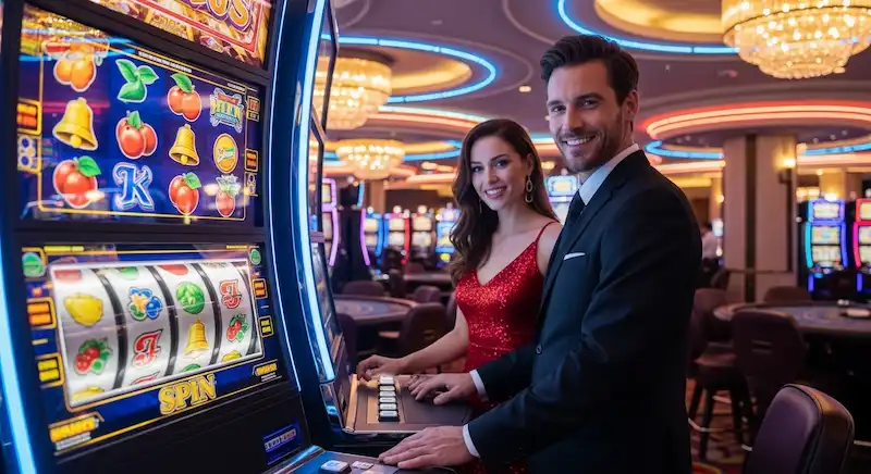 Happy and excited player smiling while playing slot machine at Networld Hotel Spa and Casino.