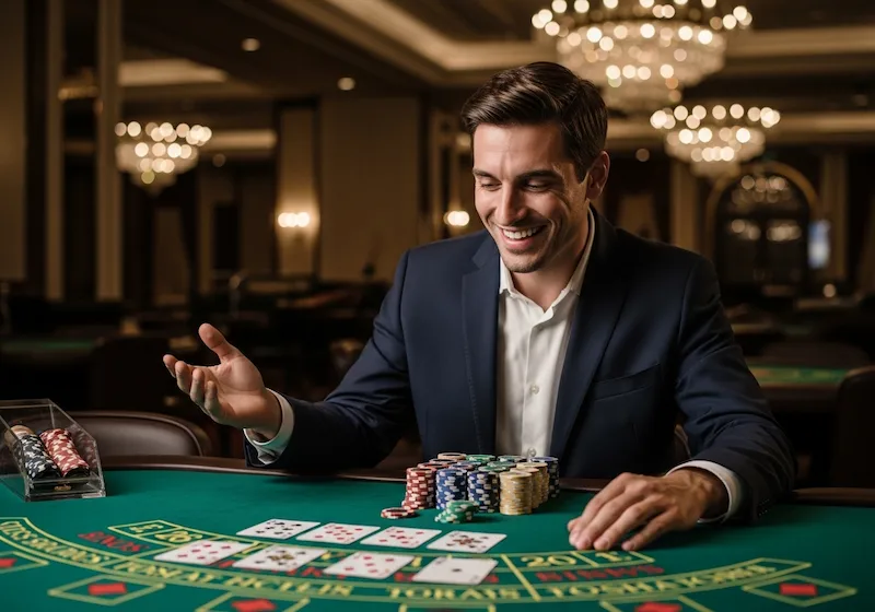 Thrilled player celebrating a baccarat victory at Swerte99 Casino gaming floor.