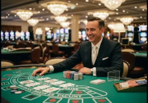 Happy smiling player enjoying baccarat at Swerte99 Casino, celebrating a winning hand at the casino table.