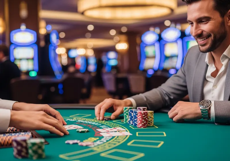 Cheerful and excited blackjack player holding cards at GBA 333 Casino.