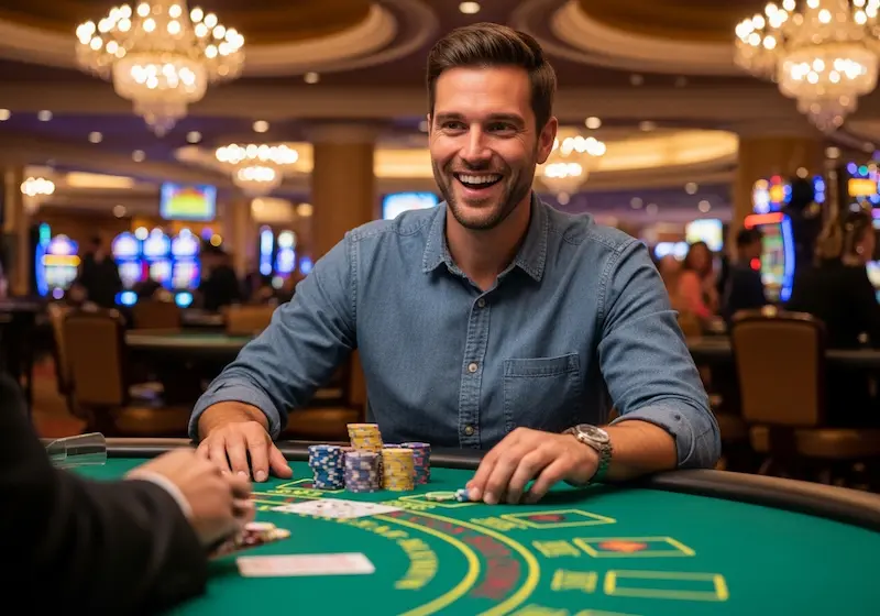 Happy and excited player smiling while playing blackjack at GBA 333 Casino table.