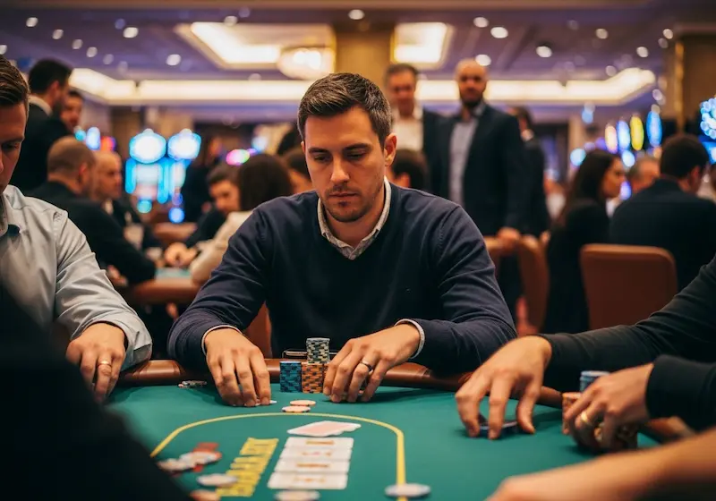 Serious casino poker player stacking chips with intense focus at Midori Online Casino table.