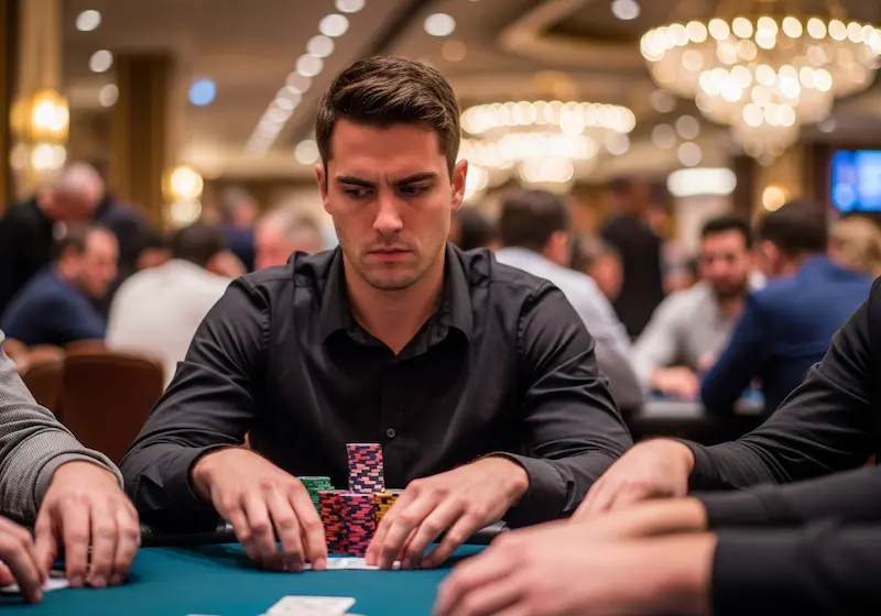 Intense poker player preparing a strategic bet during a game at Midori Online Casino.