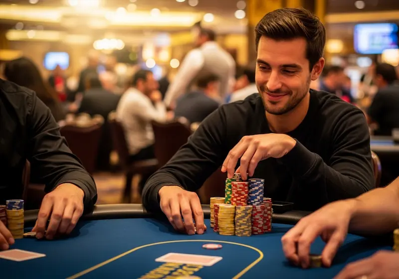 Subtly smiling poker player stacking chips after a win at PNXBet Online Casino.