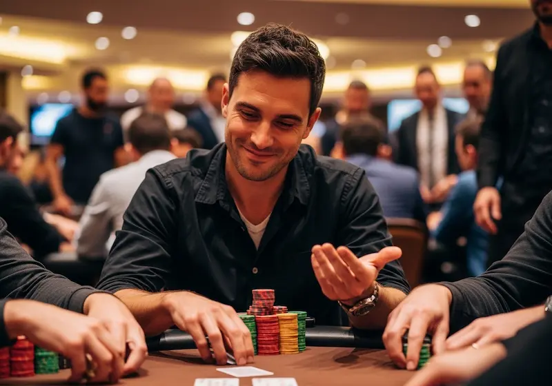 Satisfied poker player holding chips after winning hand at Bonus 365 Online Casino.