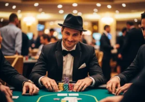 Happy poker player with a subtle winning smile stacking chips at Bonus 365 Online Casino table.