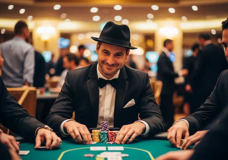 Happy poker player with a subtle winning smile stacking chips at Bonus 365 Online Casino table.