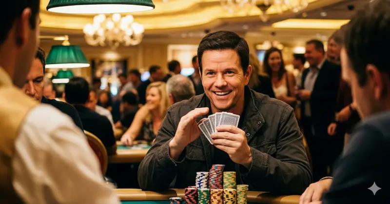 Happy poker player with a subtle winning smile holding cards at PNXBet Online Casino table.
