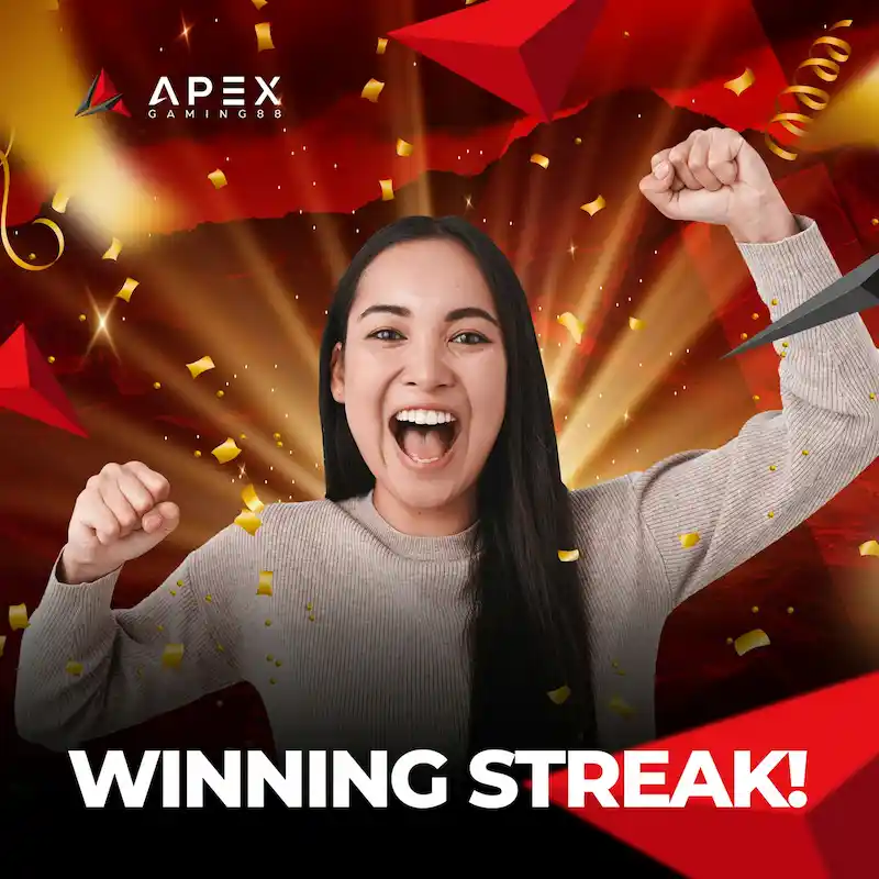 Excited gamer celebrating a winning streak at Apex Gaming 88 with raised fists, confetti, and bold red background.