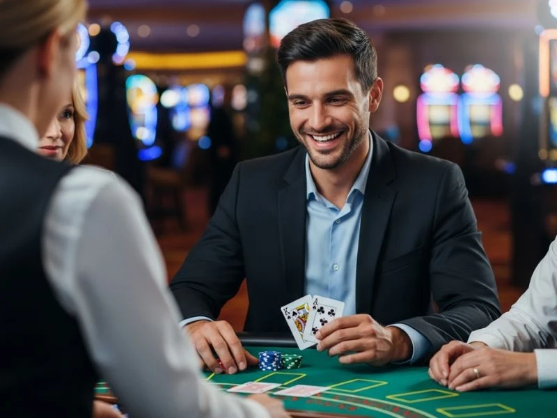bs88 casino man smiling while holding playing cards during a relaxed online casino game