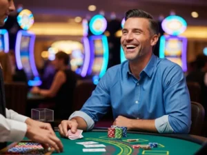 bw777.com casino man leaning back in satisfaction after a lucky blackjack win during an online casino game