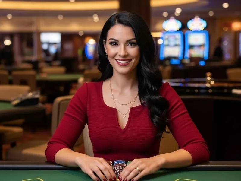 Happy smiling woman playing poker at Teddy Casino, holding cards and stacking chips at a lively casino table.