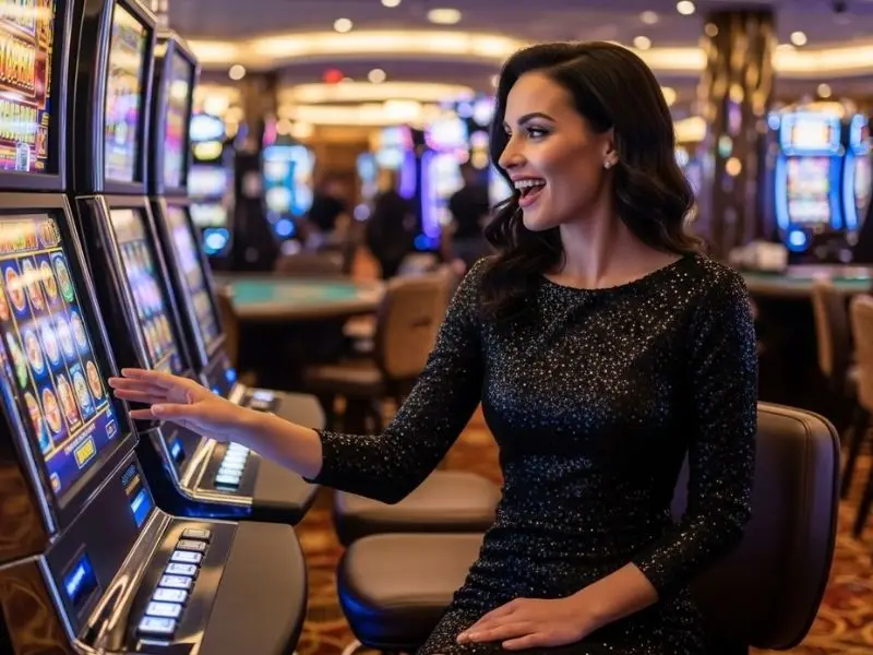 Smiling woman pressing spin button on slot machine at Eureka Casino Online.