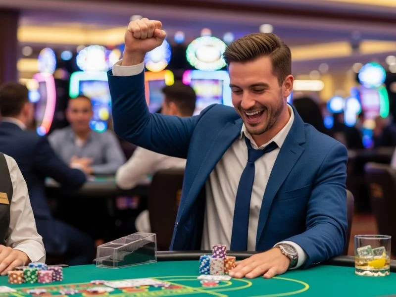 happy 777 casino man showing excited anticipation before the drop during an online casino game