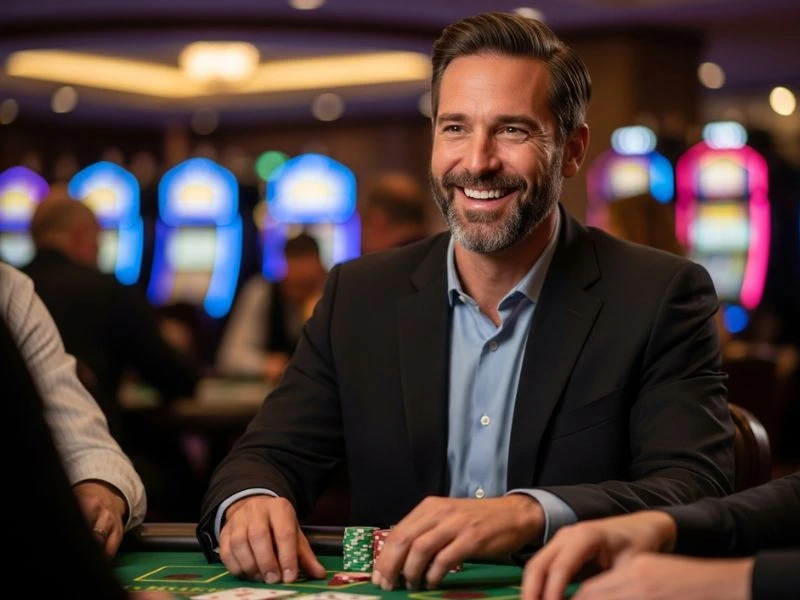 happy 777 casino man with a relaxed yet focused mindset during an online casino game