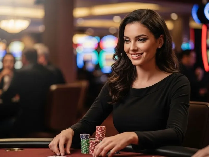 Excited woman placing poker chips on the table while smiling at Majestic Star Casino.