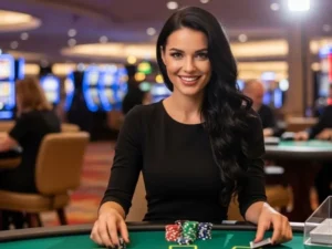 Smiling female poker player celebrating a winning hand at Majestic Star Casino table.