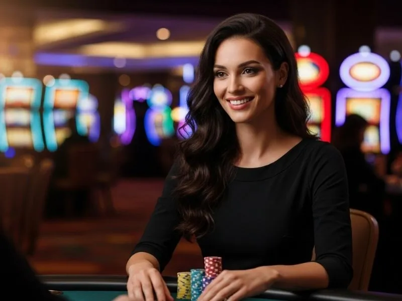 Excited female player celebrating a winning hand at Eureka Casino Online poker table.
