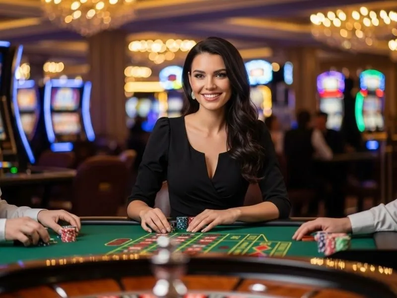 Smiling female roulette player stacking chips at the table with Mega Win Casino Gift Code promotion.