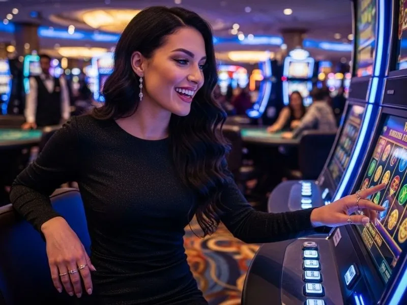 Celebrating woman enjoying blackjack gameplay at Bet King Online Casino with visible excitement.