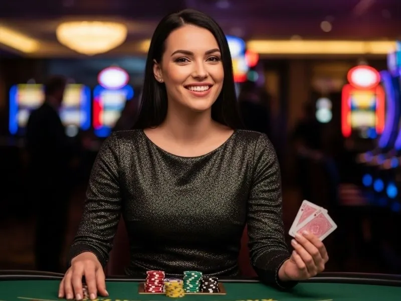 Excited woman holding poker cards and chips during a game with Mega Win Casino Gift Code benefits.