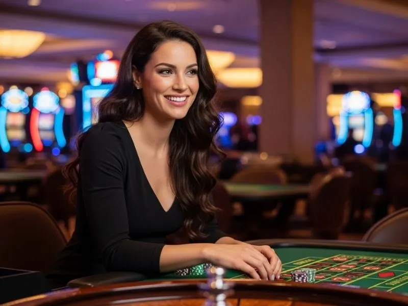 Smiling woman focused on her cards while playing poker at PHRush Casino table.