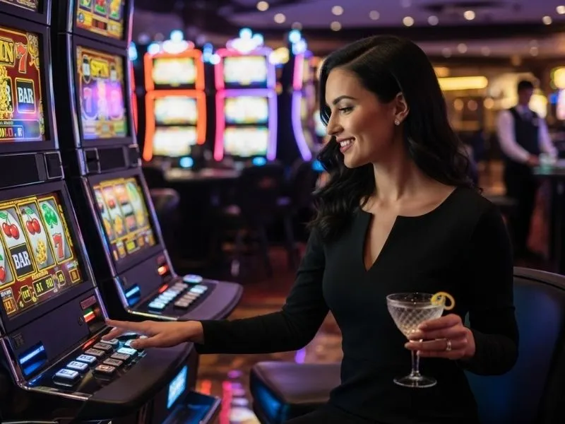 Joyful woman enjoying a live slot game at Playworld Casino with wine and controls on the arcade.