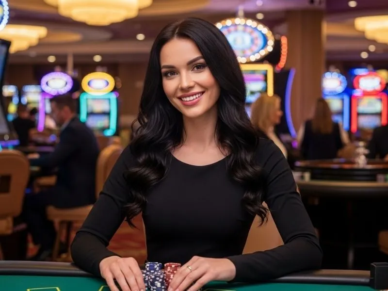 Cheerful and excited person placing chips on a poker table at Pop Party Casino.