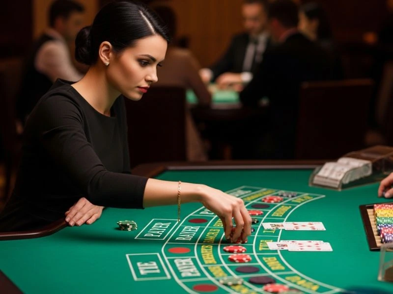 A rich9 casino woman focused on placing her bet on baccarat during an online casino game.