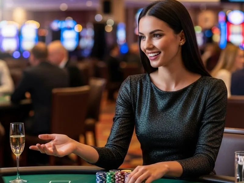 Smiling woman placing chips on a blackjack table at Bet King Online Casino during a lively game.