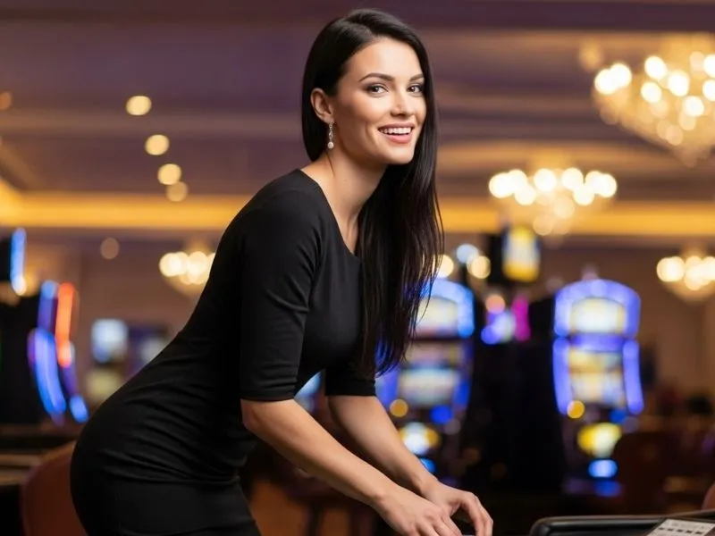 Happy woman confidently playing poker while learning about Online Casino Cheats methods.