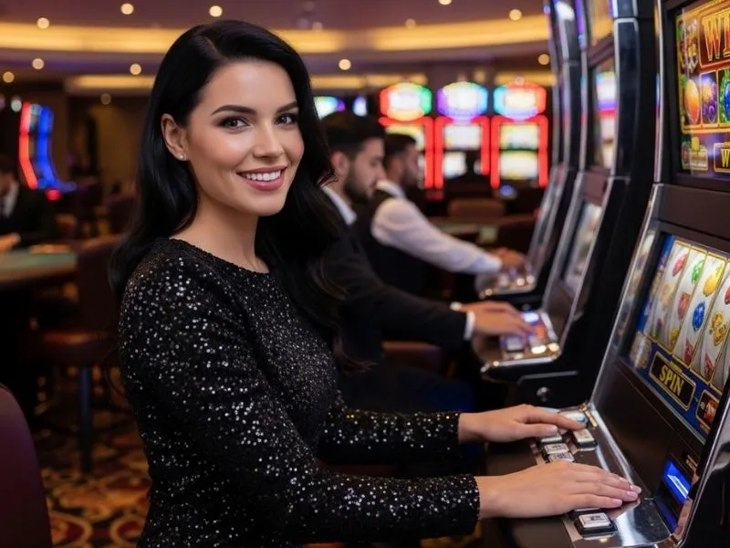 Happy smiling woman playing slot machine at Apex88 Online Casino, celebrating a winning spin.