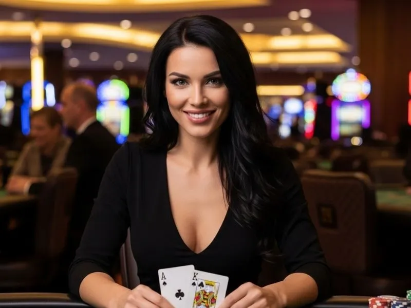 Happy woman enjoying an exciting poker game session at Falcon Play Casino.