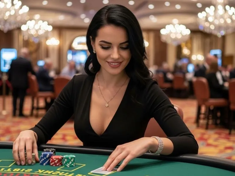 Smiling female player celebrating during a poker game at Apex88 Online Casino.
