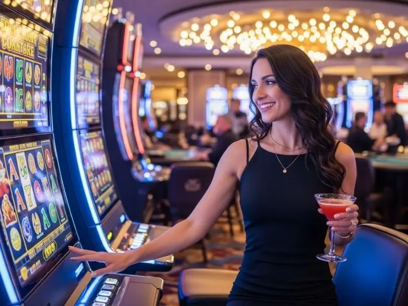 Happy female player focused on her game while smiling during a slot game at Majestic Star Casino.