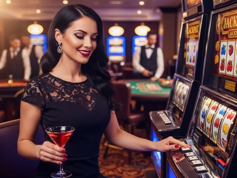 Joyful woman laughing while playing casino slots at ph cash casino login table.