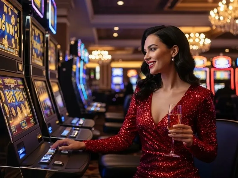 Joyful woman celebrating a slot win while using Mega Win Casino Gift Code at the casino.