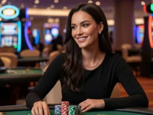Excited woman stacking poker chips during a game inspired by Online Casino Cheats tips.
