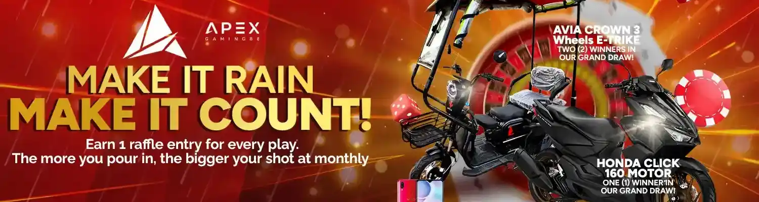 ApexGaming88 Make It Rain Make It Count raffle promotion featuring Honda Click 160 motor and Avia Crown 3 Wheels E-Trike grand prizes with monthly draw entries